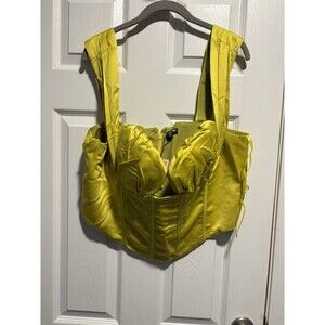 Pretty Little Thing Chartreuse Satin Ruched  Corset Top NWT Size 16